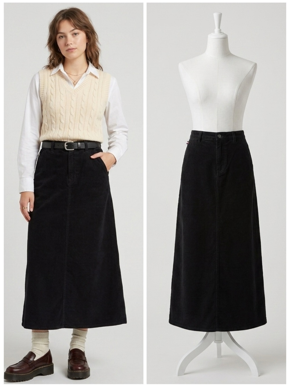Vintage Polo Jeans Ralph Lauren Black Corduroy A-Line Maxi Skirt Size 4